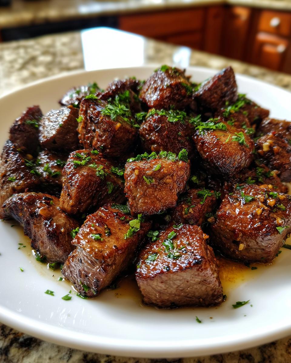 Close-up of perfectly seared Garlic Butter Steak Bites piled on a white plate and topped with fresh parsley.