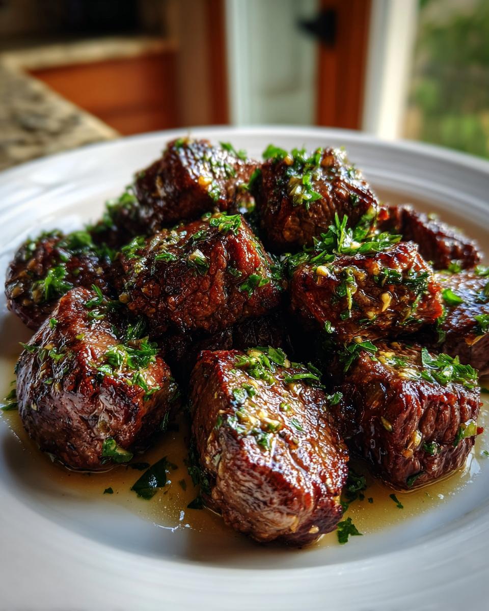 Close-up of perfectly seared Garlic Butter Steak Bites glistening with sauce and topped with fresh parsley.