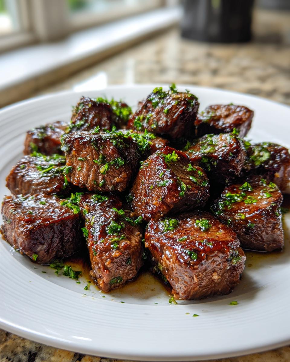 A pile of perfectly cooked, glistening Garlic Butter Steak Bites topped with fresh parsley on a white plate.
