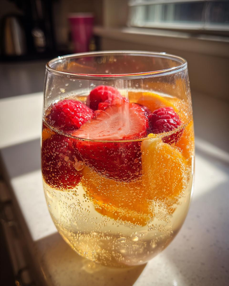 Close-up of a glass filled with sparkling Moscato Sangria, featuring raspberries, sliced strawberries, and orange segments.