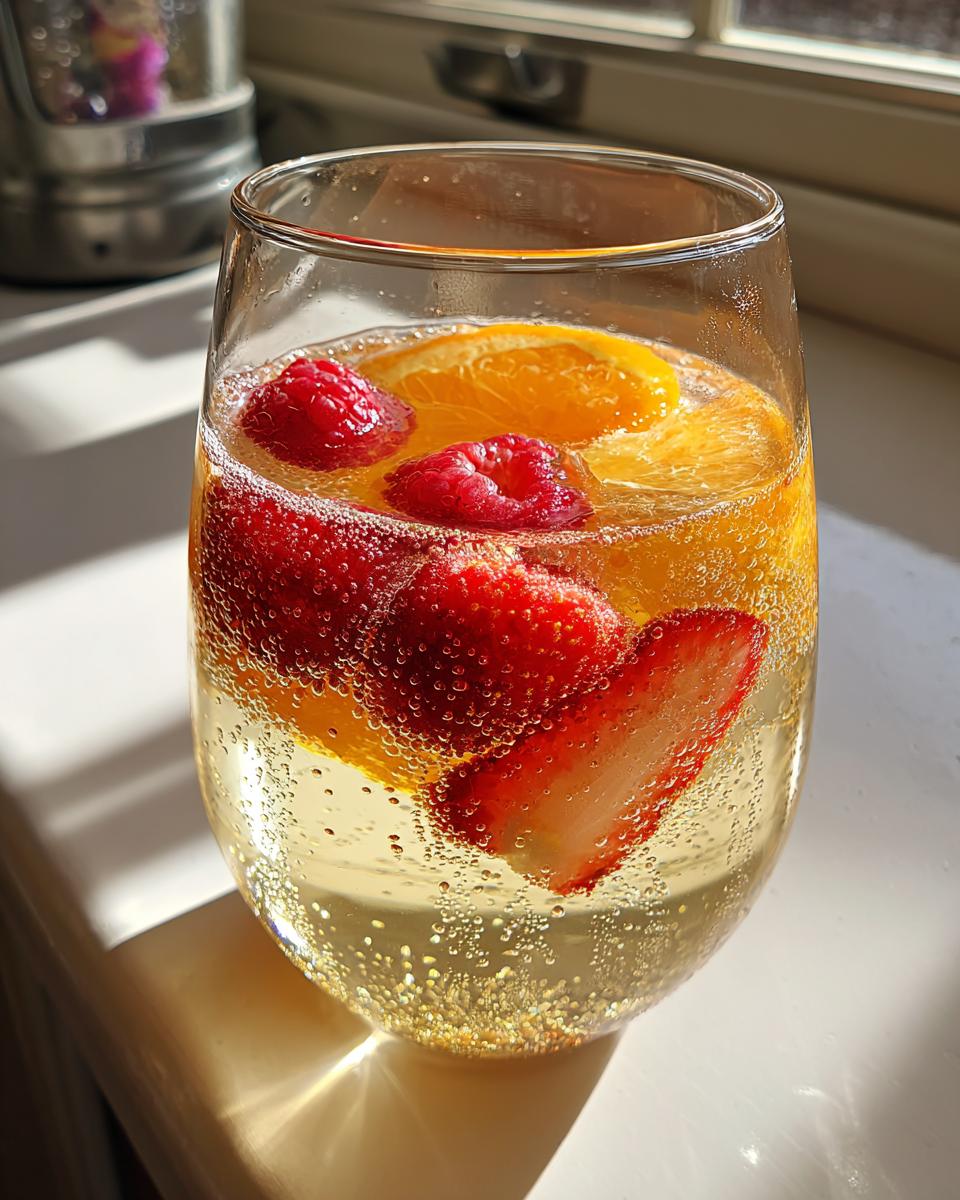 Close-up of a glass filled with bubbly Moscato Sangria, featuring slices of orange, strawberries, and raspberries.