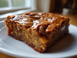 A close-up of a single, rich, gooey square of butterscotch brownies sitting on a white plate near a window.