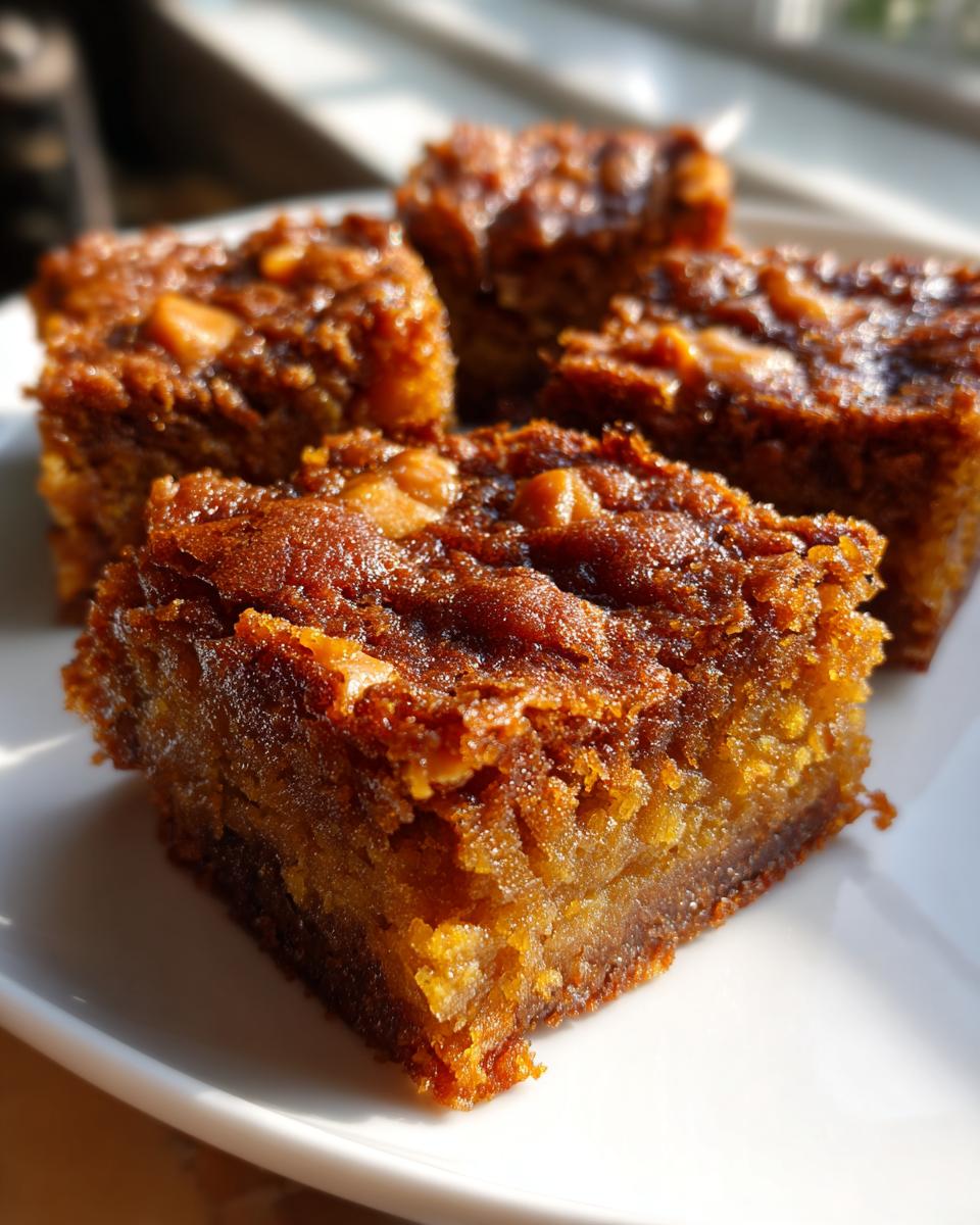 Close-up of rich, gooey Butterscotch Brownies cut into squares, showing a dense, caramelized top layer.