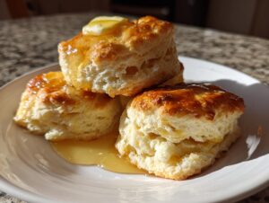 Three fluffy honey butter biscuits stacked on a white plate, drizzled generously with honey and topped with melting butter.
