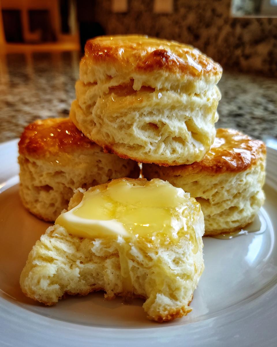A stack of fluffy Honey Butter Biscuits, with one biscuit broken open topped with melting butter and honey.