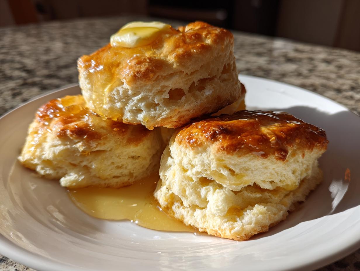 Three fluffy honey butter biscuits stacked on a white plate, drizzled generously with honey and topped with melting butter.
