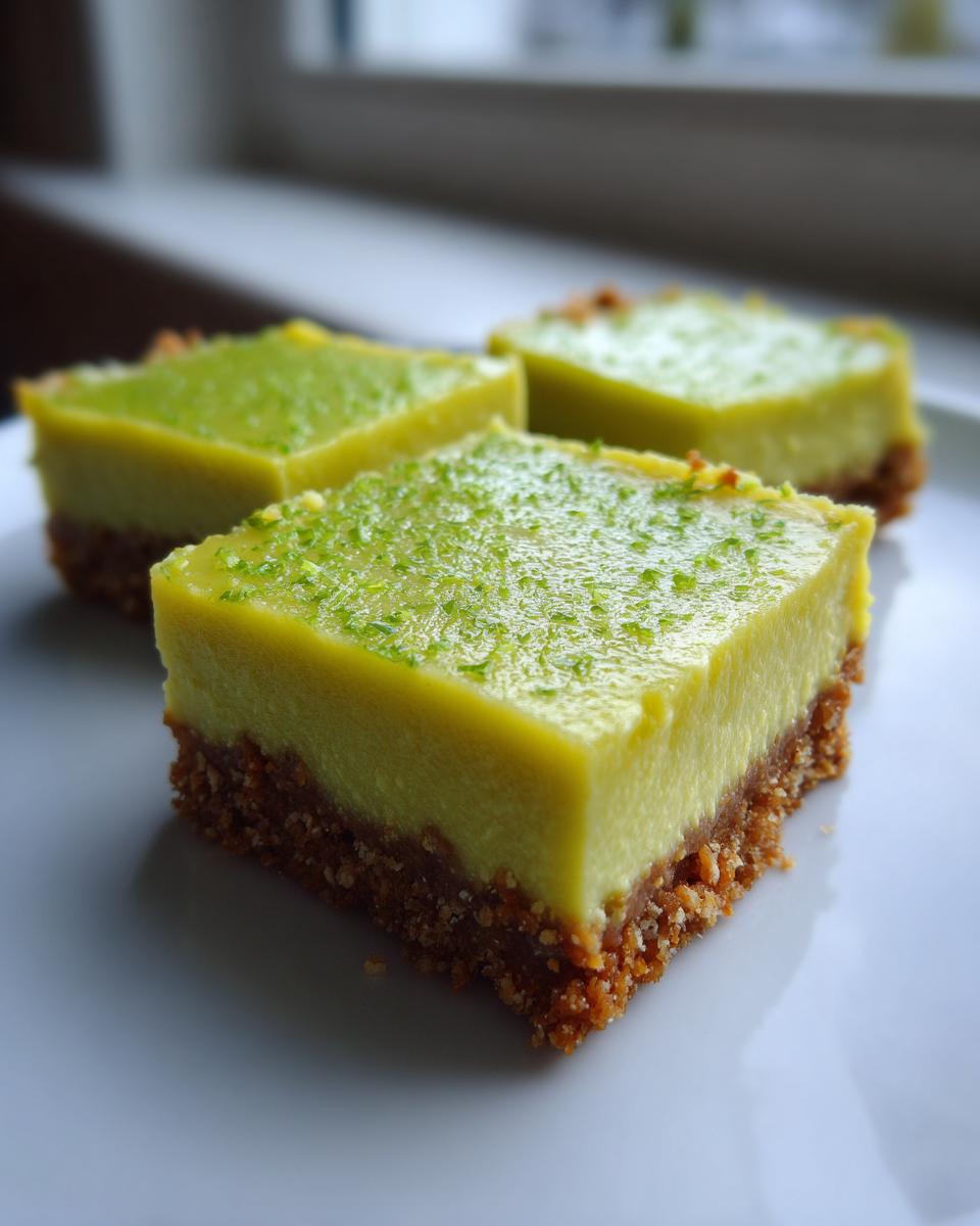 Three square Key lime pie bars with a thick graham cracker crust and bright green lime zest topping.
