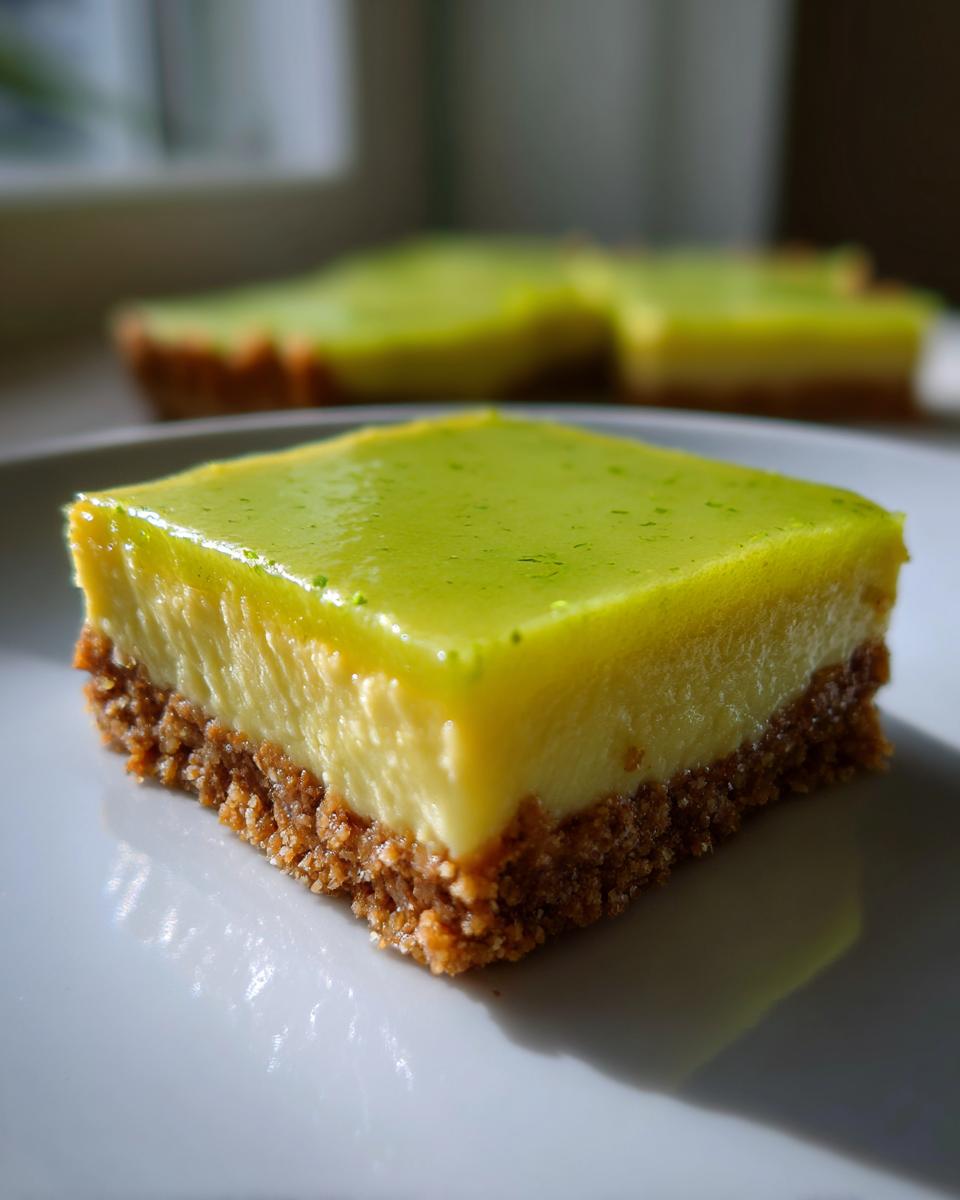 A single, square slice of Key lime pie bars featuring a thick graham cracker crust and a bright, glossy lime filling.
