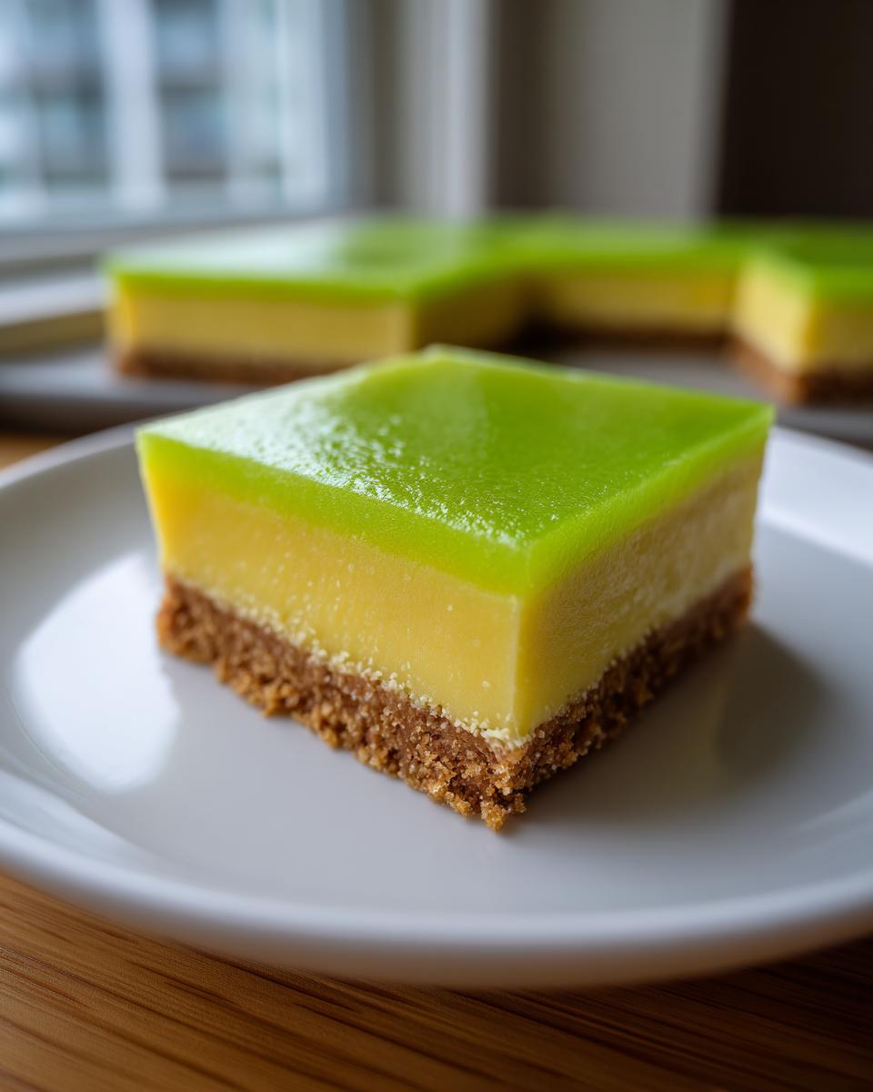 Close-up of a perfectly cut square of Key lime pie bars with a graham cracker crust and bright green topping.