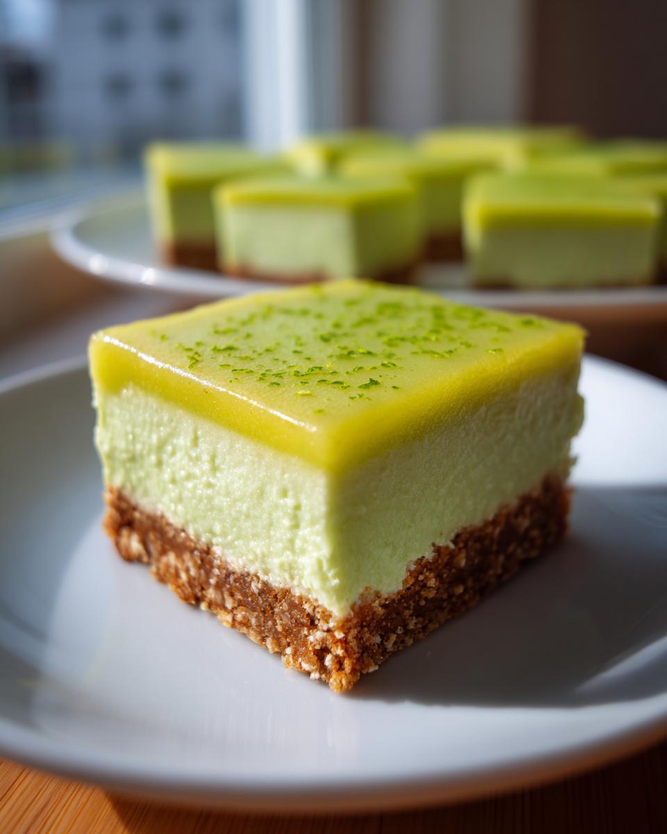 A single square Key lime pie bars slice with a graham cracker crust, creamy filling, and lime zest on top.