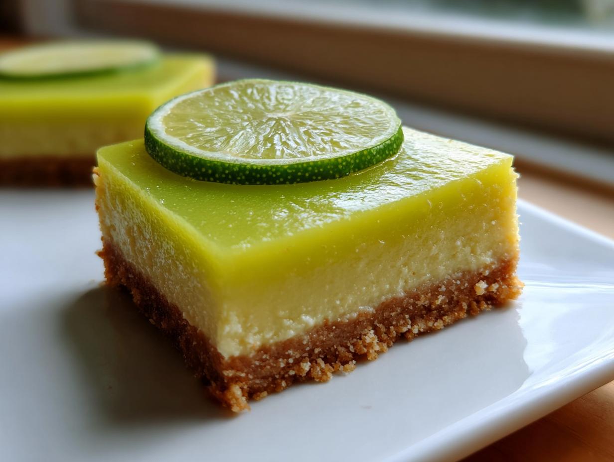 A single square of bright green Key lime pie bars topped with a fresh lime slice on a white plate.