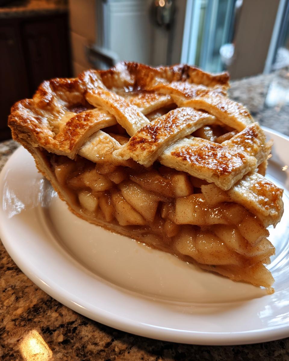 Close-up of a thick slice of Lattice apple pie showing glistening, spiced apple filling and a perfectly browned lattice crust.