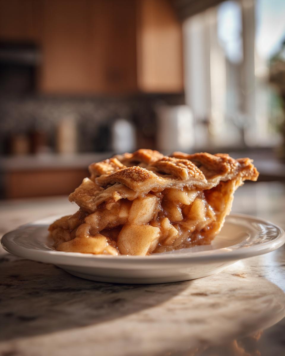 A close-up of a generous slice of Lattice apple pie showing thick apple filling and a golden, sugared lattice crust.