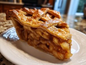 A close-up of a thick slice of Lattice apple pie showing caramelized apple filling and a flaky, golden-brown lattice crust.