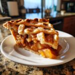 A close-up shot of a perfect slice of Lattice apple pie on a white plate, showing caramelized apple filling and a sugared crust.