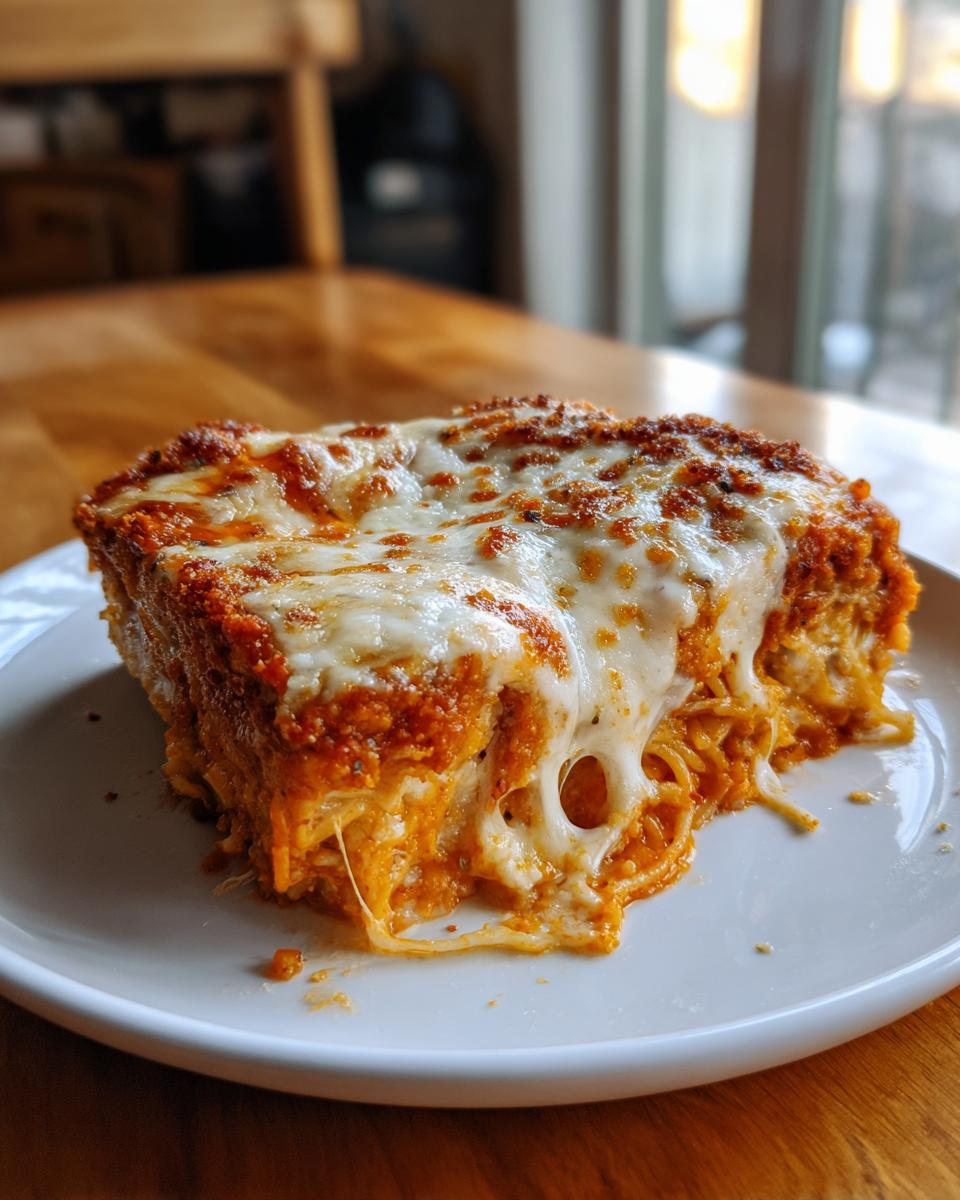 A gooey, cheesy slice of leftover spaghetti bake served on a white plate, showing melted mozzarella.