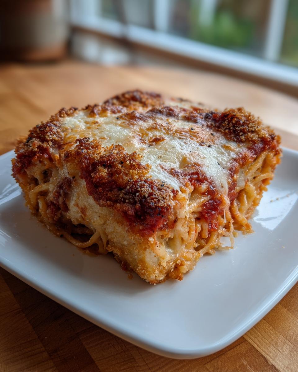 A square slice of cheesy, baked leftover spaghetti bake with a crispy breadcrumb topping.