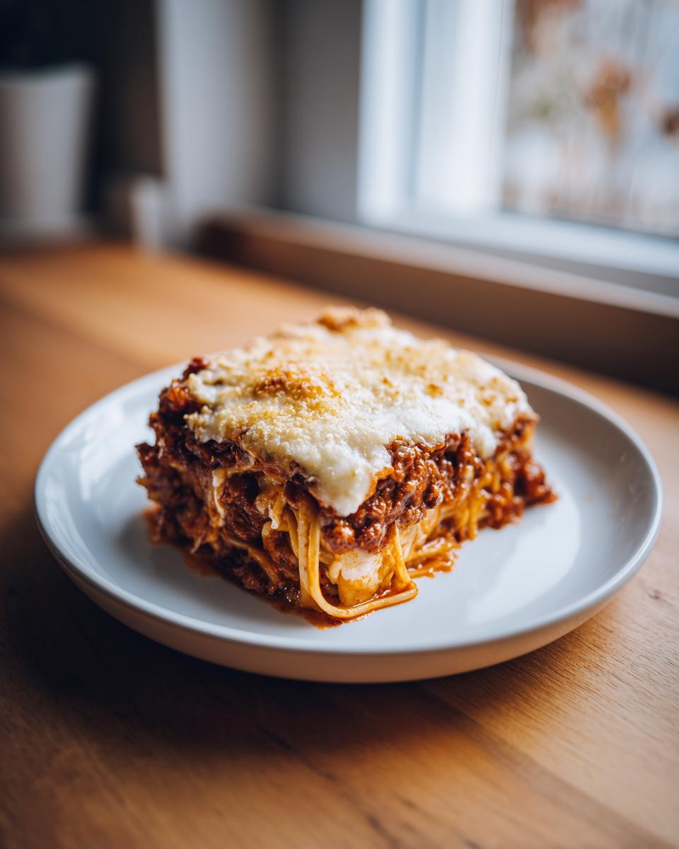 A hearty slice of leftover spaghetti bake, layered with meat sauce and topped with melted, browned cheese, served on a white plate.