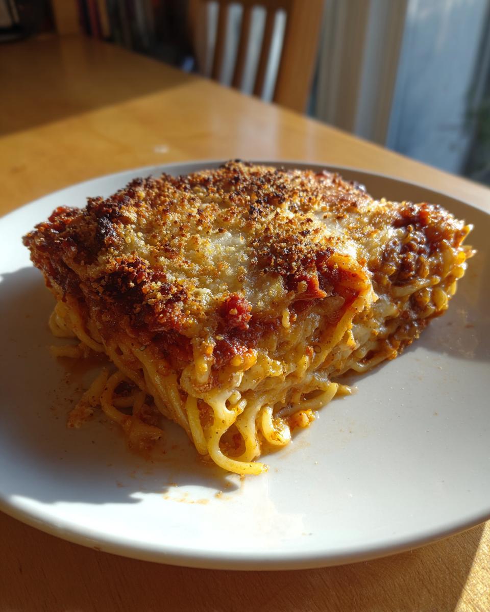 A thick slice of leftover spaghetti bake with a crispy, browned cheese and breadcrumb topping, served on a white plate.