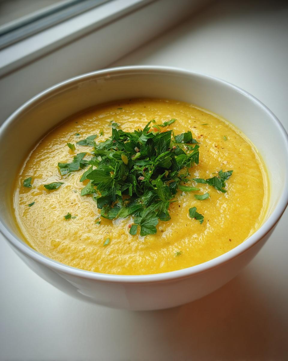 A close-up of a creamy, yellow Lemon chickpea soup topped generously with fresh chopped parsley.