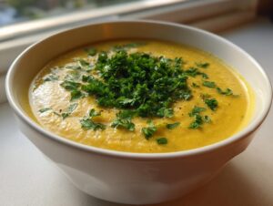 A close-up of a bowl of bright yellow Lemon chickpea soup garnished generously with fresh chopped parsley.