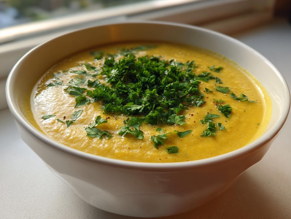 A close-up of a bowl of bright yellow Lemon chickpea soup garnished generously with fresh chopped parsley.