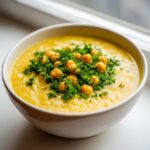A close-up of a bowl of creamy, yellow Lemon chickpea soup topped with whole chickpeas and fresh chopped parsley.