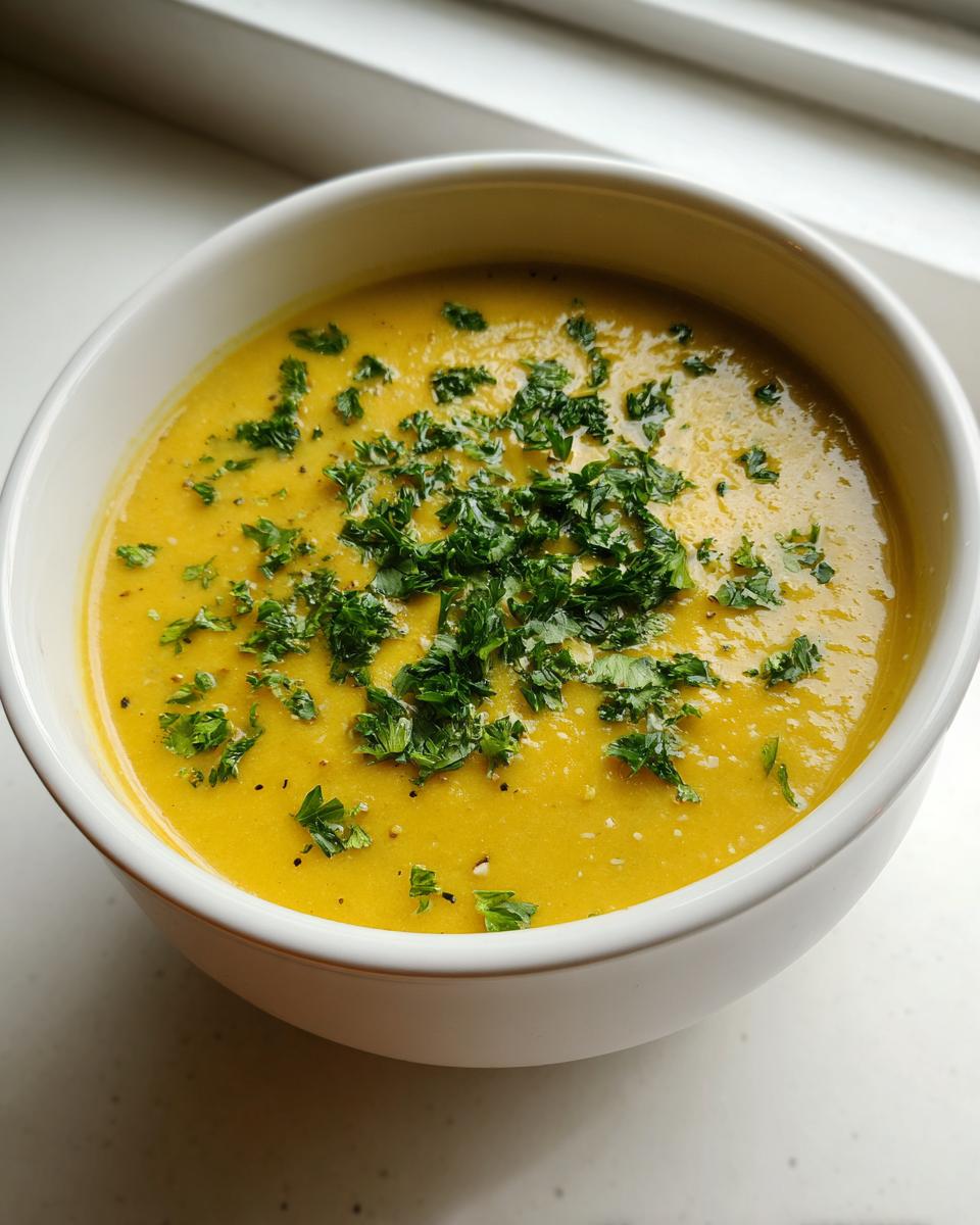 Close-up of a bowl of bright yellow Lemon chickpea soup, garnished generously with fresh chopped parsley.