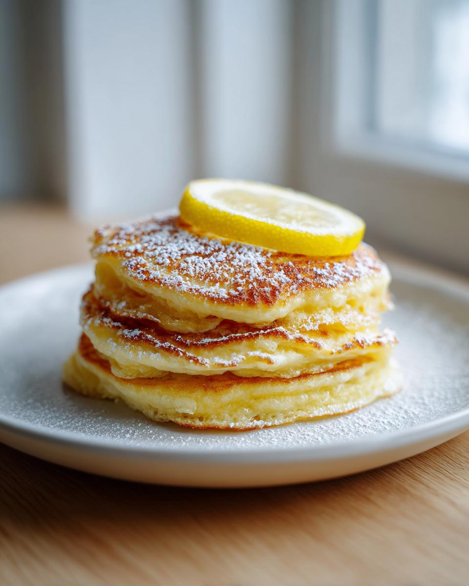 A stack of three fluffy Lemon ricotta pancakes dusted with powdered sugar and topped with a lemon slice.