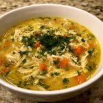 Close-up of a white bowl filled with Mediterranean lemon chicken soup, featuring shredded chicken, orzo pasta, carrots, and fresh dill.