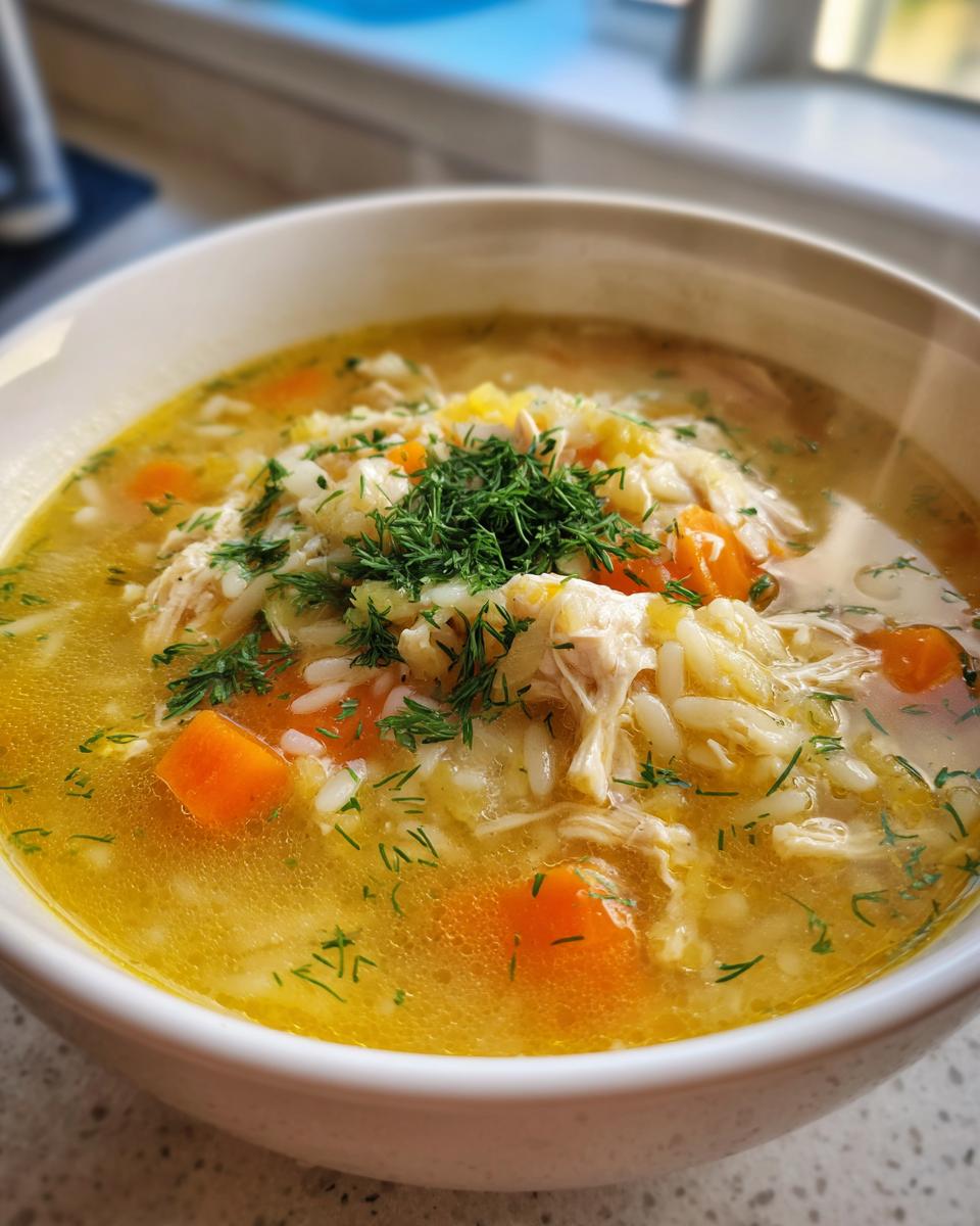 Close-up of a hearty bowl of Mediterranean lemon chicken soup with shredded chicken, rice, carrots, and fresh dill garnish.
