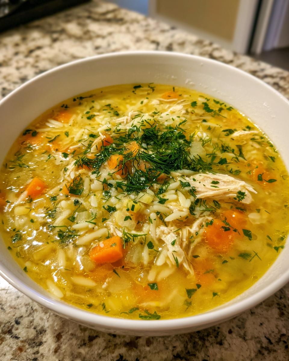 Close-up of a white bowl filled with Mediterranean lemon chicken soup, featuring shredded chicken, orzo pasta, carrots, and fresh dill.