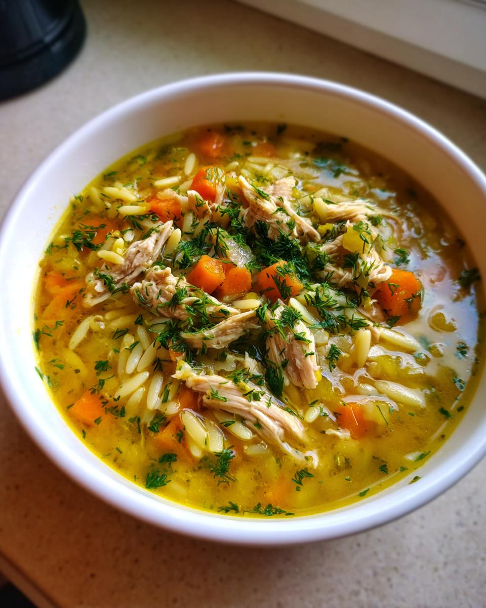Close-up of a white bowl filled with Mediterranean lemon chicken soup, featuring shredded chicken, orzo pasta, carrots, and fresh dill.