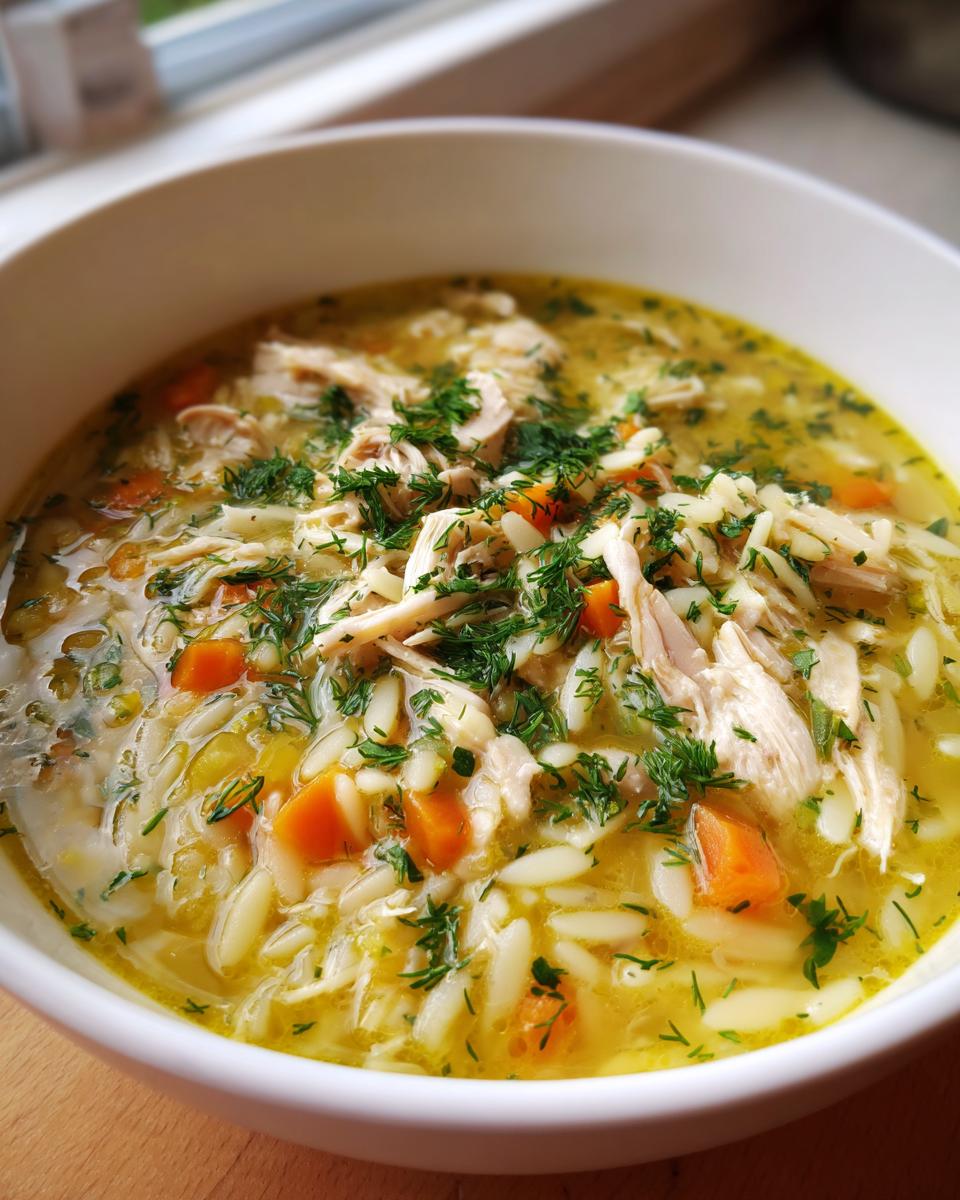 Close-up of a white bowl filled with Mediterranean lemon chicken soup, featuring shredded chicken, carrots, orzo pasta, and fresh dill.