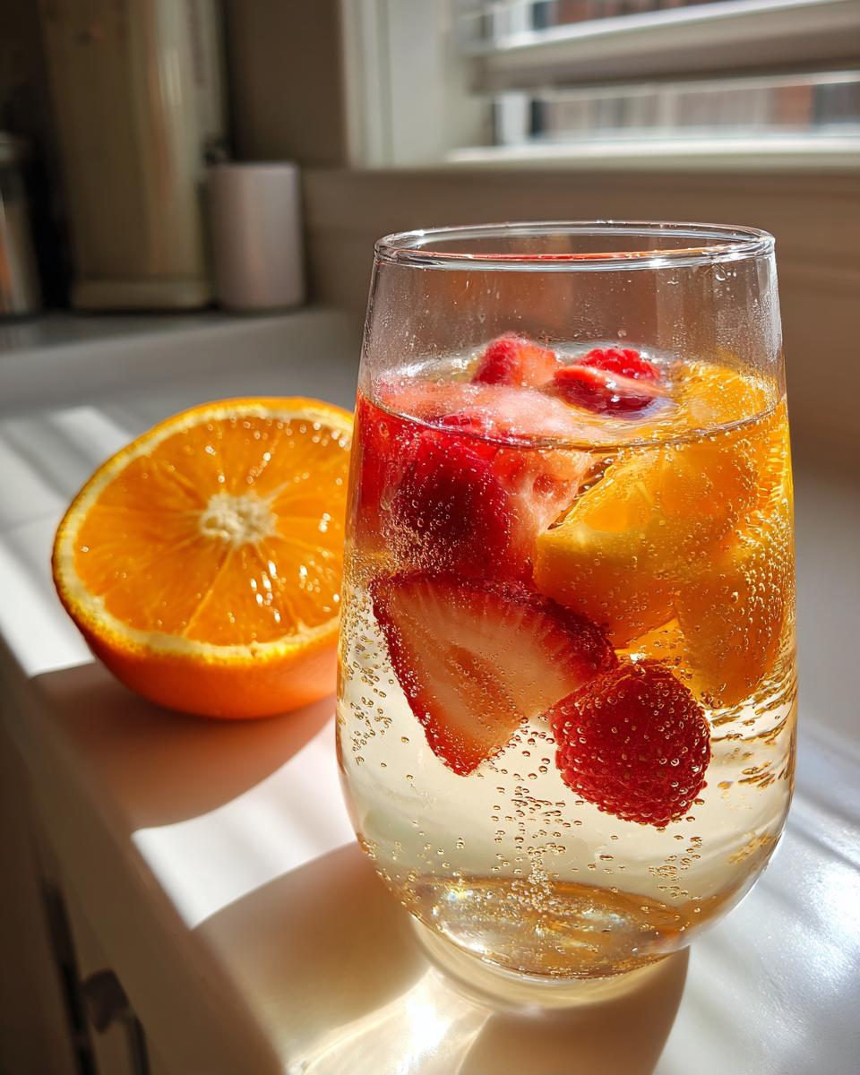 A glass filled with sparkling Moscato Sangria, featuring floating strawberries, raspberries, and orange slices.