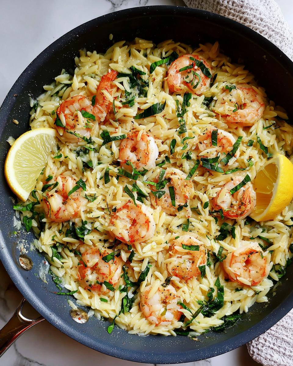 Overhead view of creamy one pan shrimp orzo dish topped with fresh herbs and lemon wedges in a dark skillet.