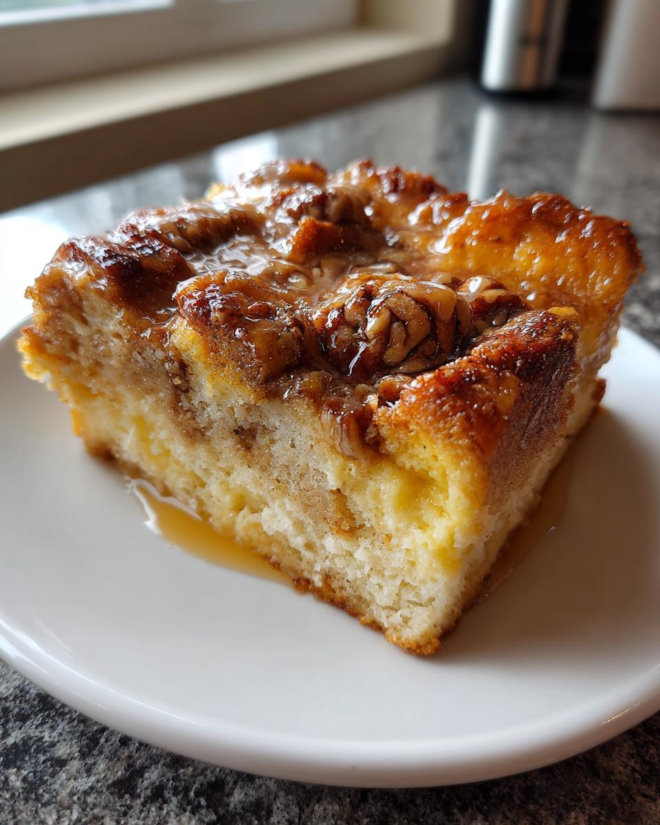 A square slice of moist Overnight French toast casserole topped with sticky pecans and syrup on a white plate.