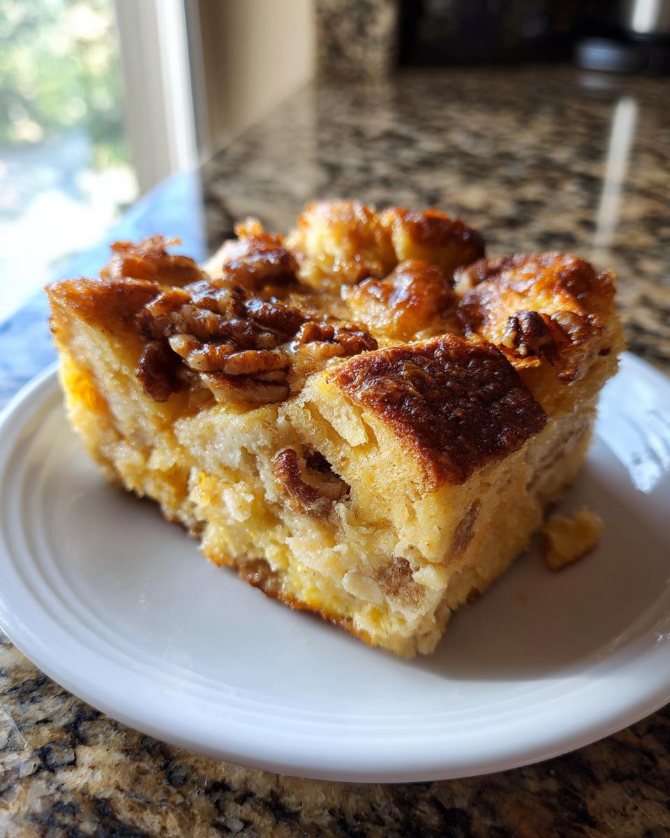 A single serving slice of baked Overnight French toast casserole topped with caramelized pecans on a white plate.