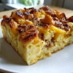 A close-up of a golden brown slice of Overnight French toast casserole topped with pecans and syrup.