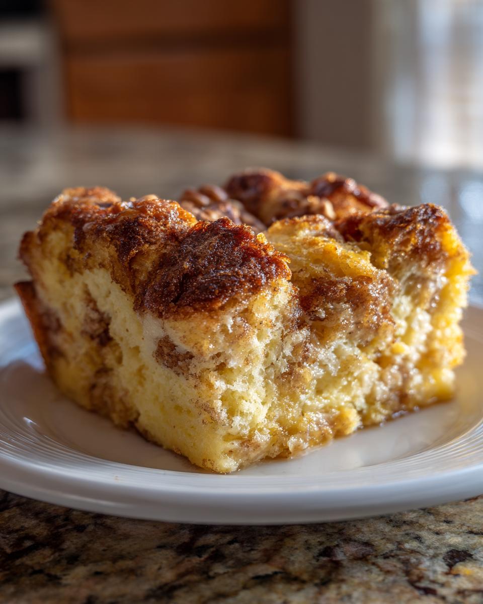 A close-up of a moist slice of Overnight French toast casserole with a caramelized cinnamon sugar topping.