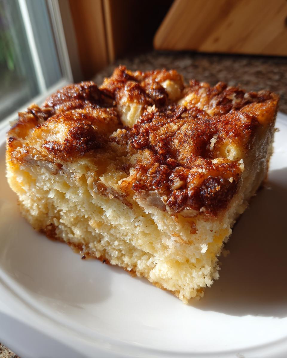 A close-up slice of moist Overnight French toast casserole topped with a rich, dark cinnamon streusel.