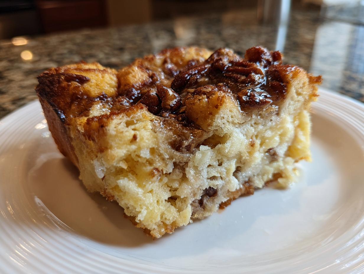Close-up of a moist slice of Overnight French toast casserole topped with sticky pecan glaze.