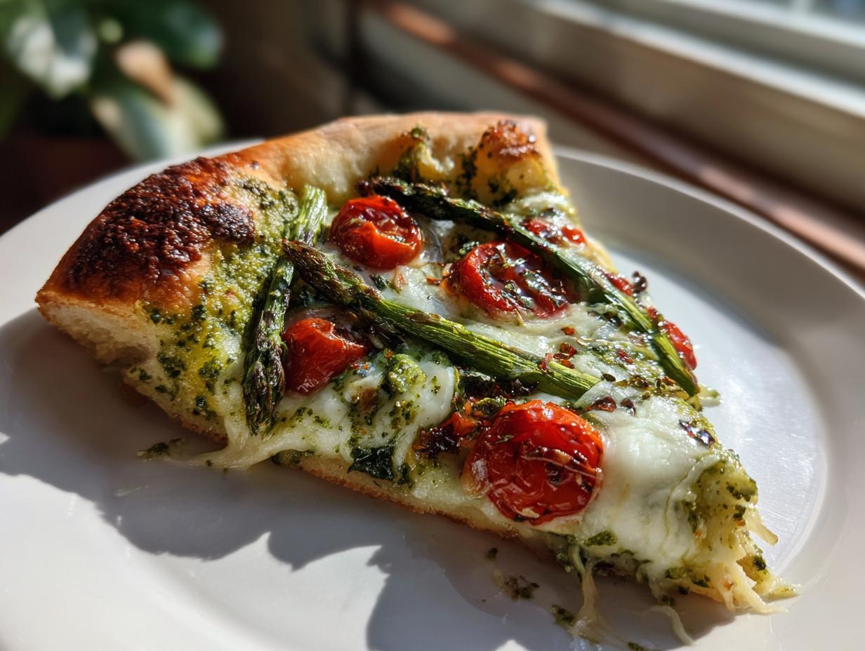 A close-up slice of pesto pizza topped with mozzarella, roasted cherry tomatoes, and asparagus spears.