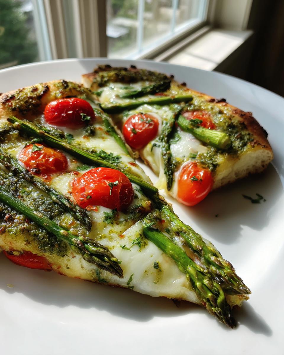 Two slices of fresh pesto pizza topped with melted mozzarella, bright green asparagus spears, and roasted cherry tomatoes.