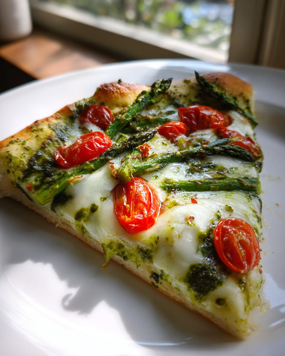 A close-up of a slice of pesto pizza topped with melted mozzarella, roasted cherry tomatoes, and green asparagus spears.