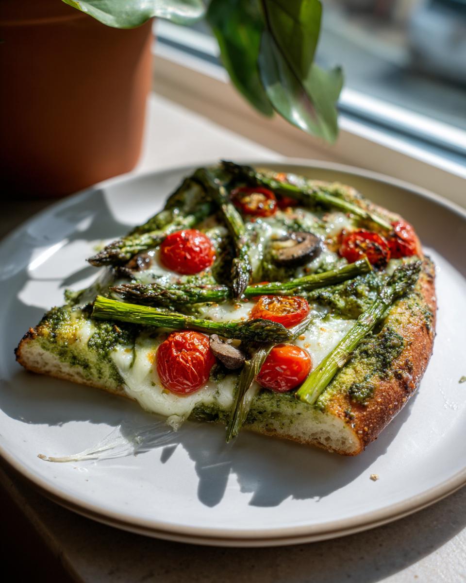 A single slice of Pesto pizza topped with bright green asparagus, roasted cherry tomatoes, and melted mozzarella cheese.