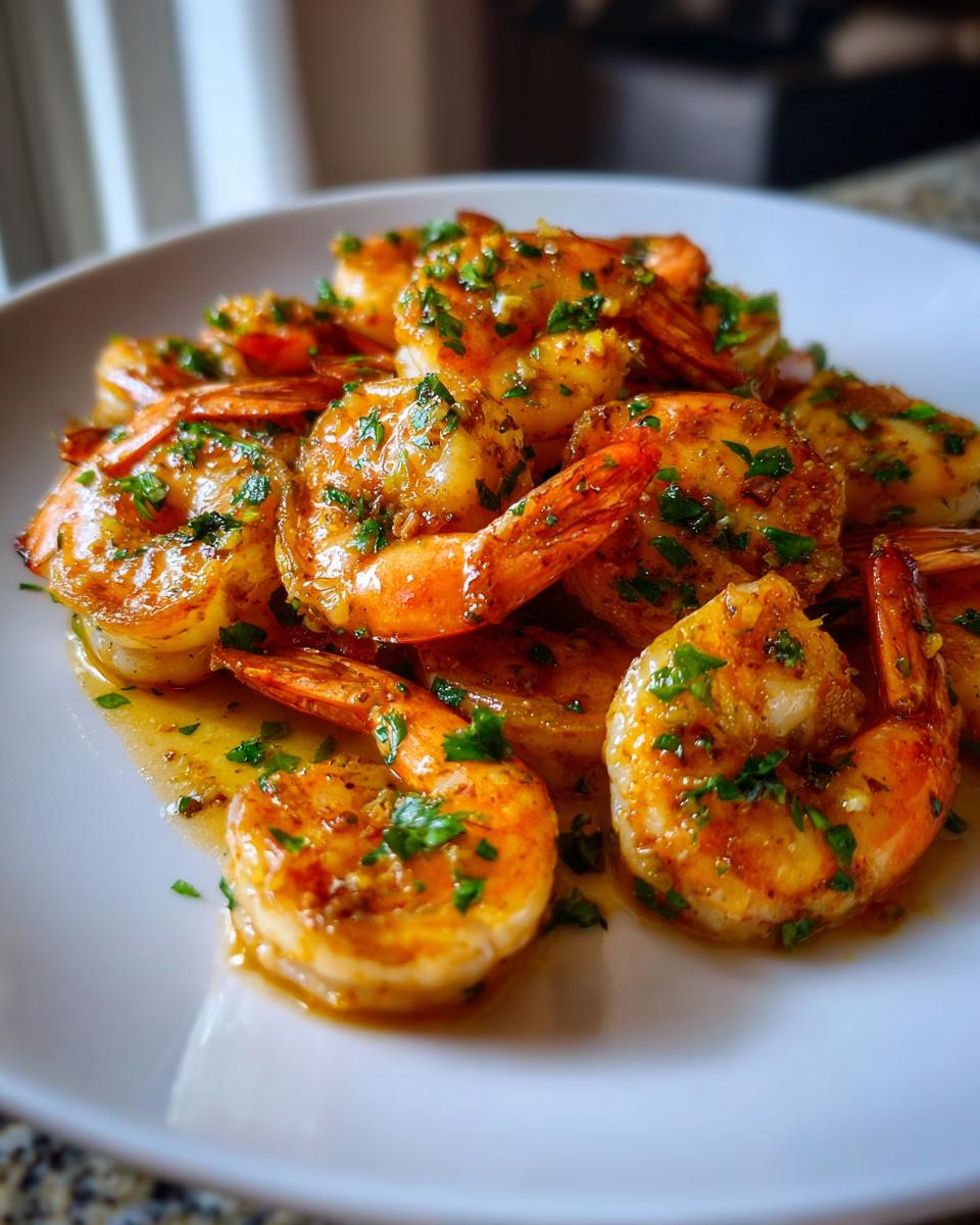 Close-up of cooked shrimp coated in garlic butter sauce and topped with fresh parsley, ready to eat Garlic Butter Shrimp.