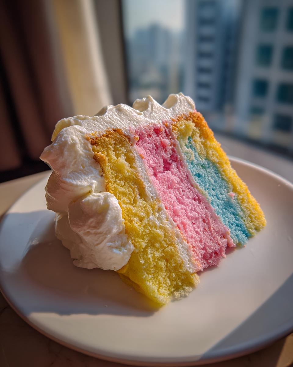 A vibrant slice of rainbow layer cake with white frosting, perfect for a Cake picnic.