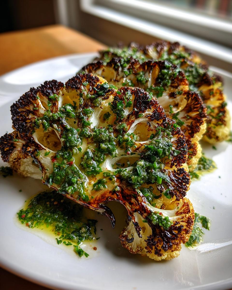 Three thick slices of roasted cauliflower steaks, charred at the edges and topped with a vibrant green herb sauce.