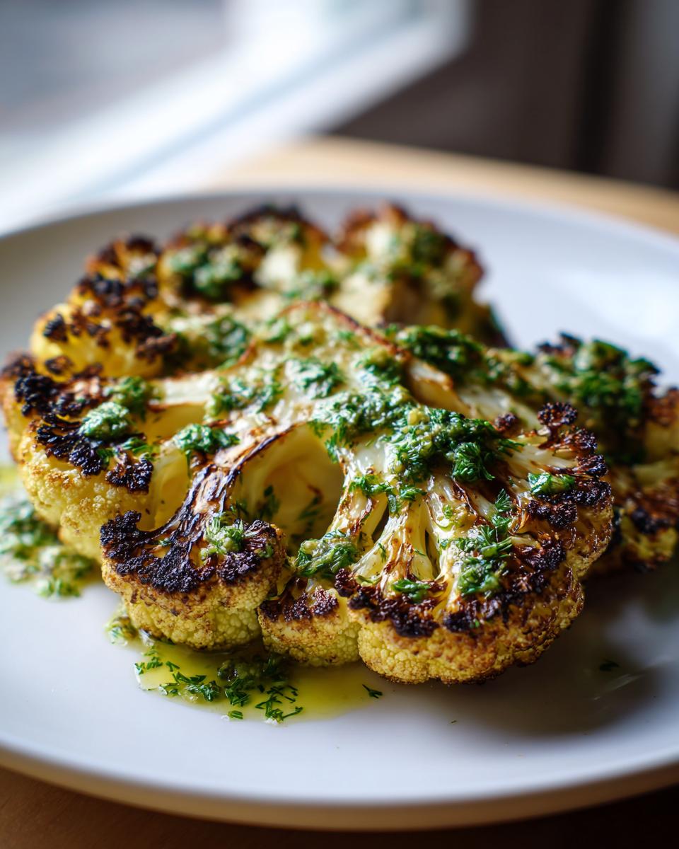 Close-up of thick, charred Roasted cauliflower steaks drizzled generously with a bright green herb sauce on a white plate.